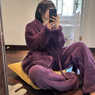 紫色珊瑚绒睡衣女款2025新款冬季高级感可外穿加绒加厚套装家居服