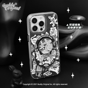 BUDDY原创黑色闪粉报纸贴适用iphone16promax手机壳苹果15promax新款 14promax高级磁吸13pro双层15可爱ins风