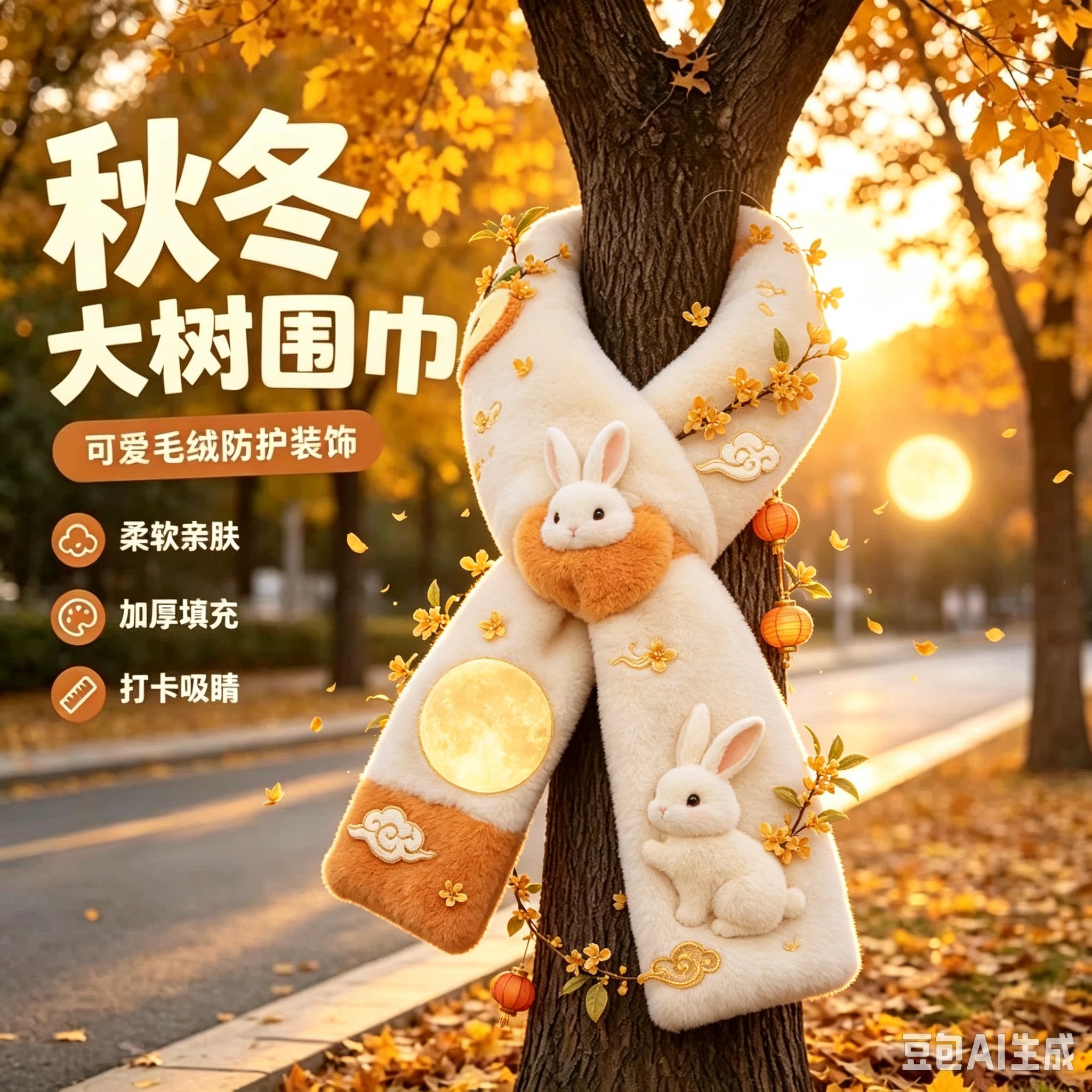 秋冬羊年户外景区大树围巾装饰网红打卡拍照节庆布艺用品装饰