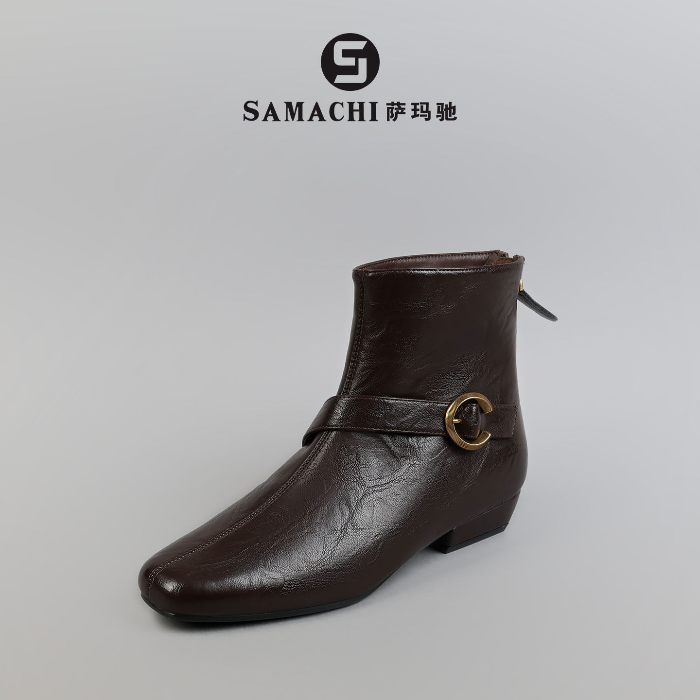 萨玛驰方头短靴女冬季短筒女靴皮带扣粗跟瘦瘦靴气质女士时装靴