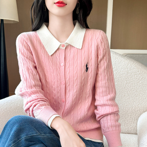 100%羊毛假两件开衫女翻领拼色刺绣麻花毛衣宽松羊绒针织外套上衣