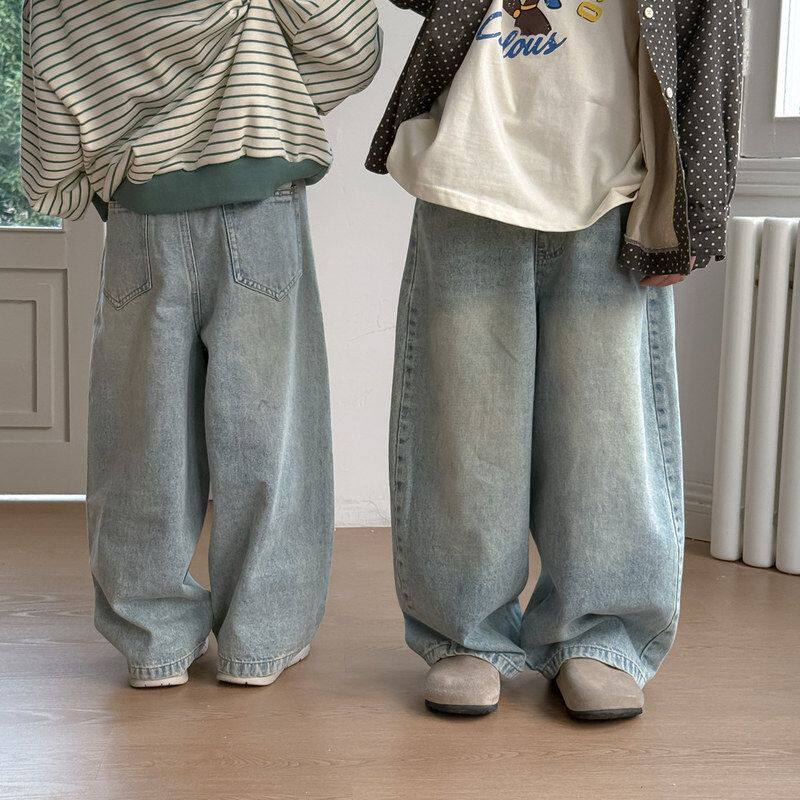 童裤2026春款男童女童韩版纯色休闲牛仔直筒裤儿童百搭宽松阔腿裤