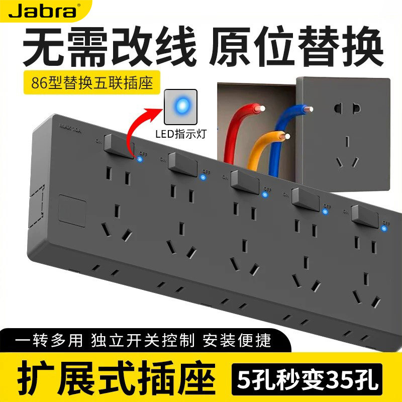 明装原位替换扩展式插座带LED灯扩展面板多孔家用多功能电源插座