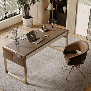 极简马鞍皮书桌家用书房办公桌写字台轻奢现代简约实木电脑桌 意式
