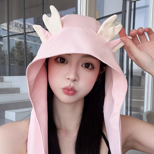 可爱小鹿角冰丝凉感遮阳帽子女款2026新款可当包包可当披肩防晒帽