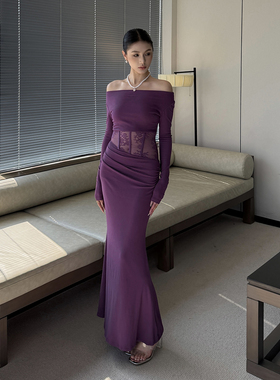 AhhhCute【葡夜轻辣】一字肩辣妹长袖连衣裙秋季显瘦修身长裙