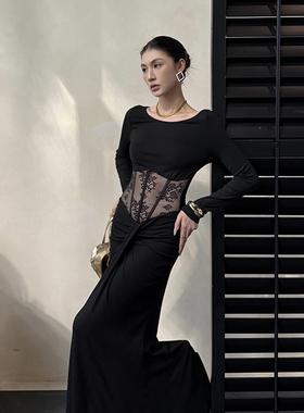 AhhCute【攻心曲线】性感蕾丝一字肩长袖连衣裙修身包臀长裙