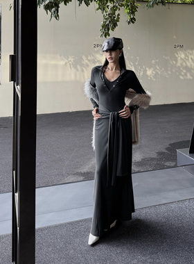 AhhCute【清欢渡月】假两件V领飘带长袖连衣裙女宴会晚礼服裙