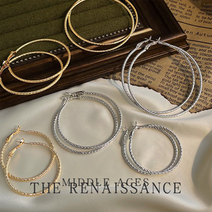 vintage中古风麻花纹细耳圈气质百搭夸张感大耳环轻奢高级感耳饰