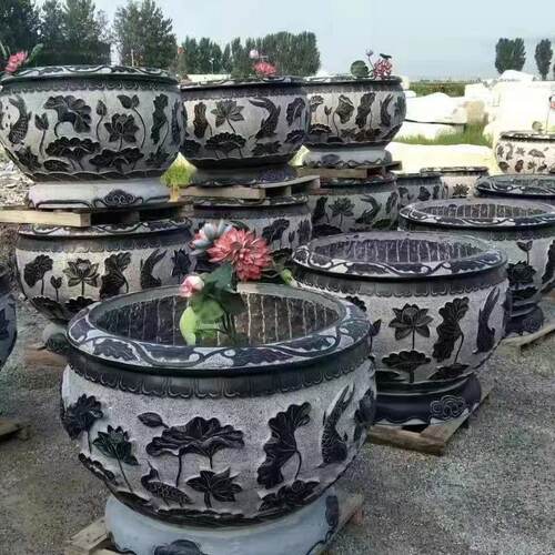 石雕鱼缸青石仿古做旧花盆户外庭院别墅造景养鱼石槽荷花缸摆件