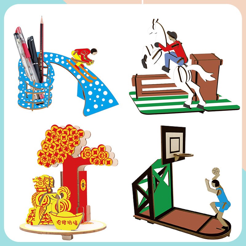 木质3D立体拼图小学生桌面笔筒摆件手工拼装模型益智玩具地摊DF08