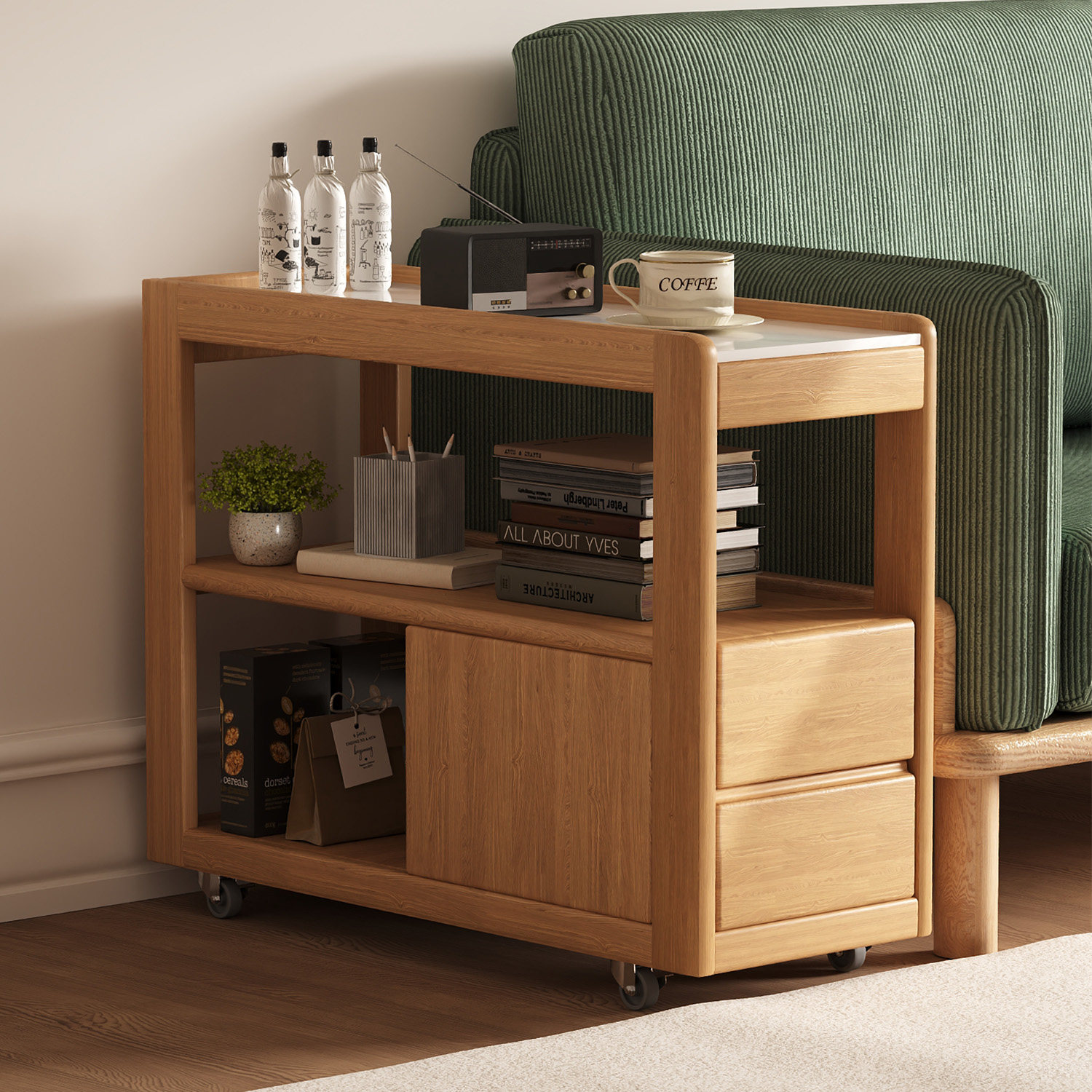 实木沙发边柜侧边柜岩板边几可移动茶几桌带轮茶台窄柜北欧小户型