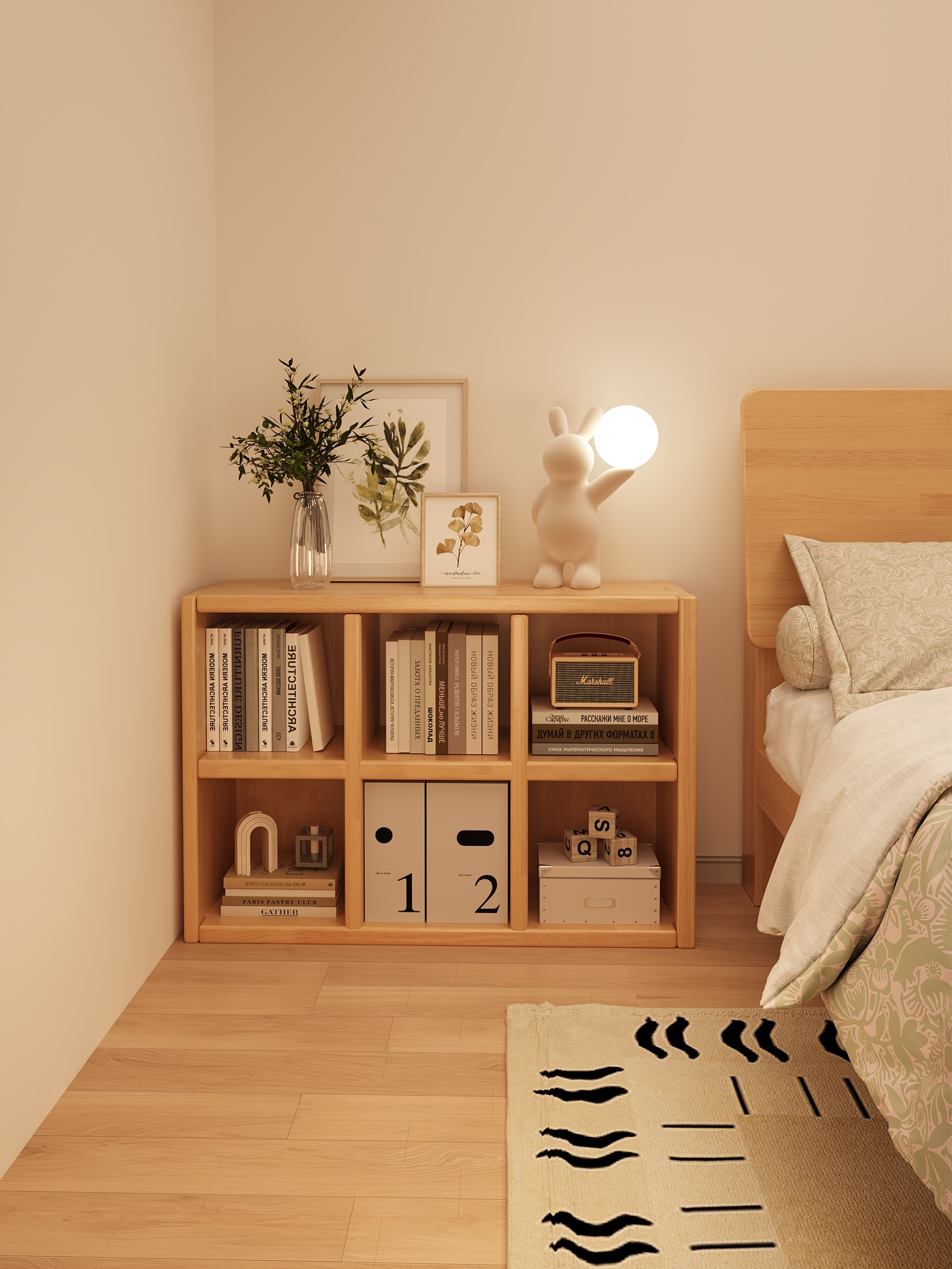 实木格子柜书架落地置物架书柜家用收纳储物柜八格柜矮柜靠墙柜子