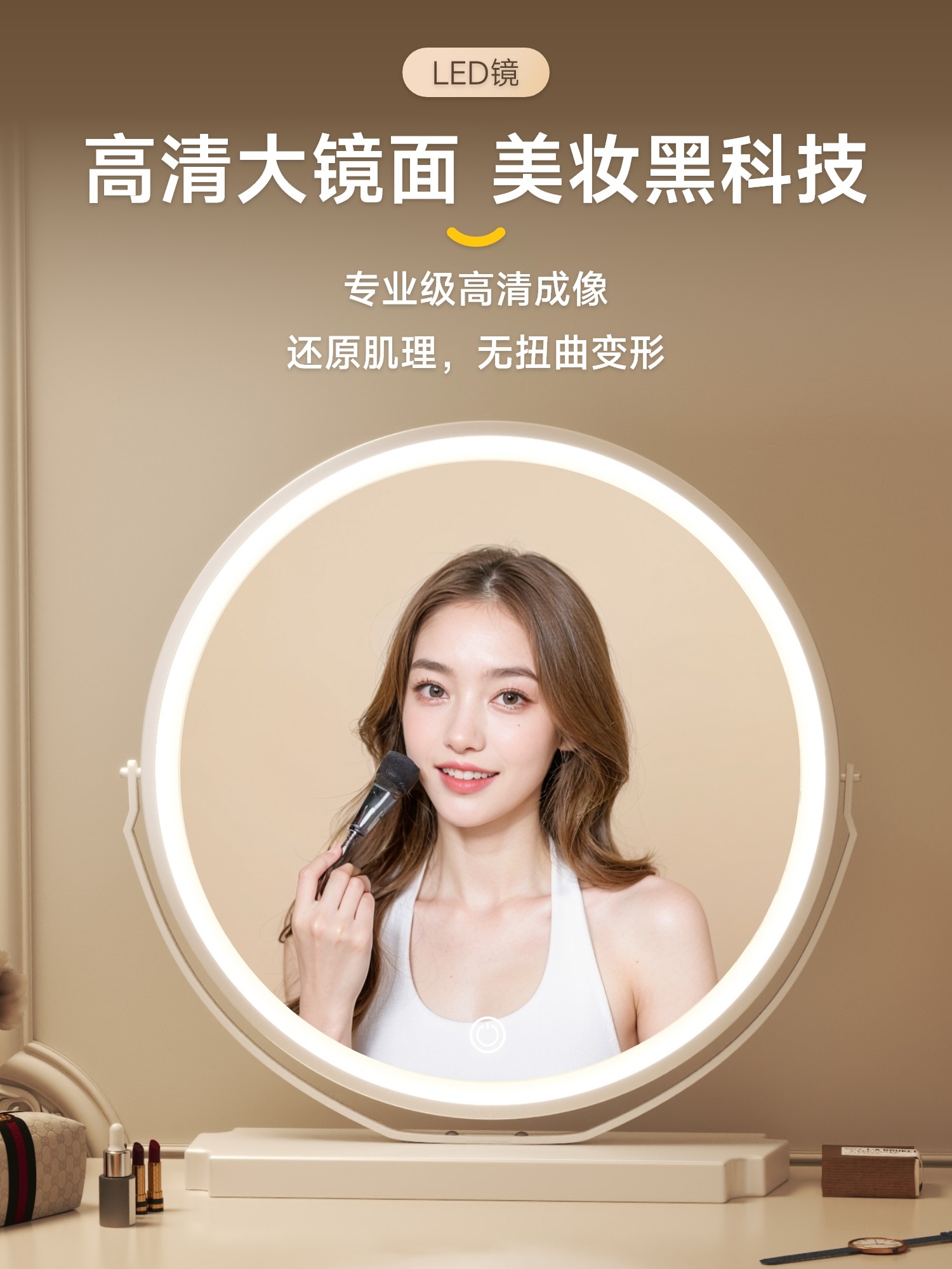 覆古智能led化妆镜带灯家用卧室梳妆台镜子台式桌面高级感梳妆镜