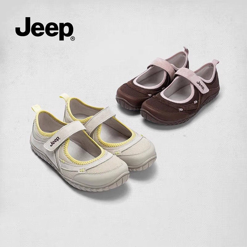 jeep运动玛丽珍女鞋2026新款软底舒适配裙子平底鞋魔术贴芭蕾单鞋