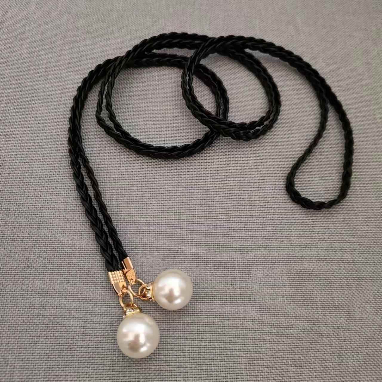 编织珍珠女士腰带百搭连衣裙饰品 雪纺简约腰绳甜美元素腰链时尚