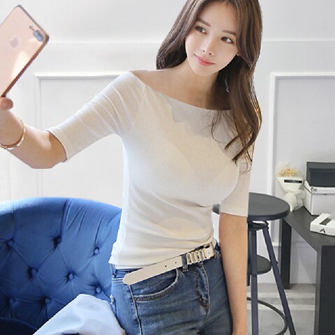 Spring white Word collar strapless jacket half sleeve Sleeve Self cultivation Korean Edition Base coat Elbow sleeve Blousein the Women's clothing/Boutique , T-shirt  category - from Buy2taobao.com to provide professional Taobao agent buy service