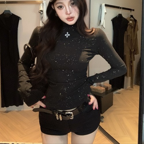 实拍实价辣妹亮闪闪半高领长袖修身显瘦磨毛收腰内搭打底衫上衣