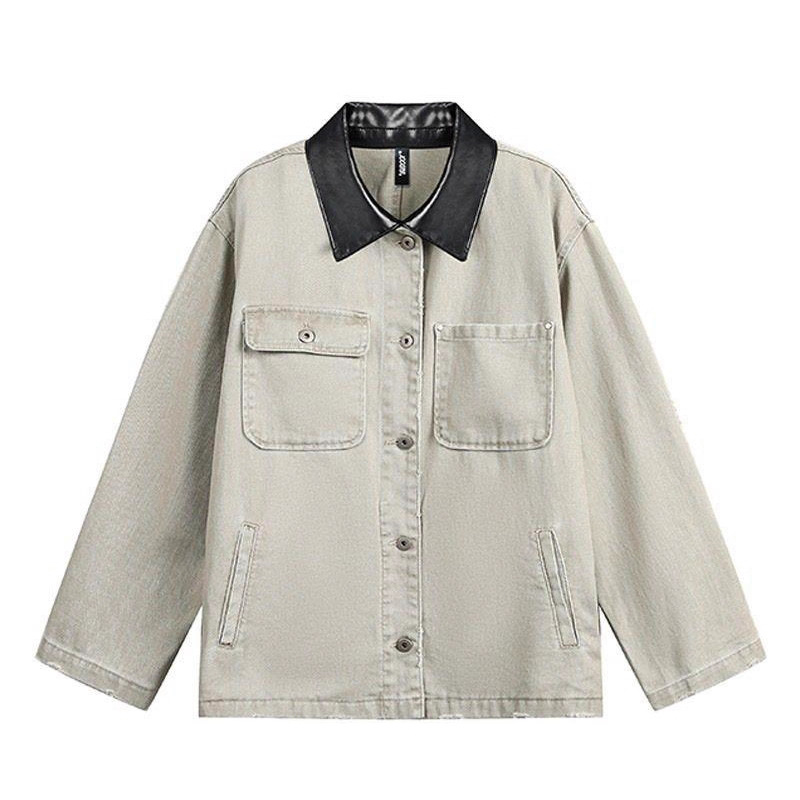 灰色大码皮领牛仔外套女