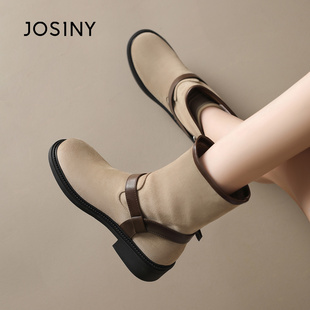 卓诗尼粗跟马丁靴女2025秋季 靴 新款 绒面显瘦烟筒靴复古英伦风时装