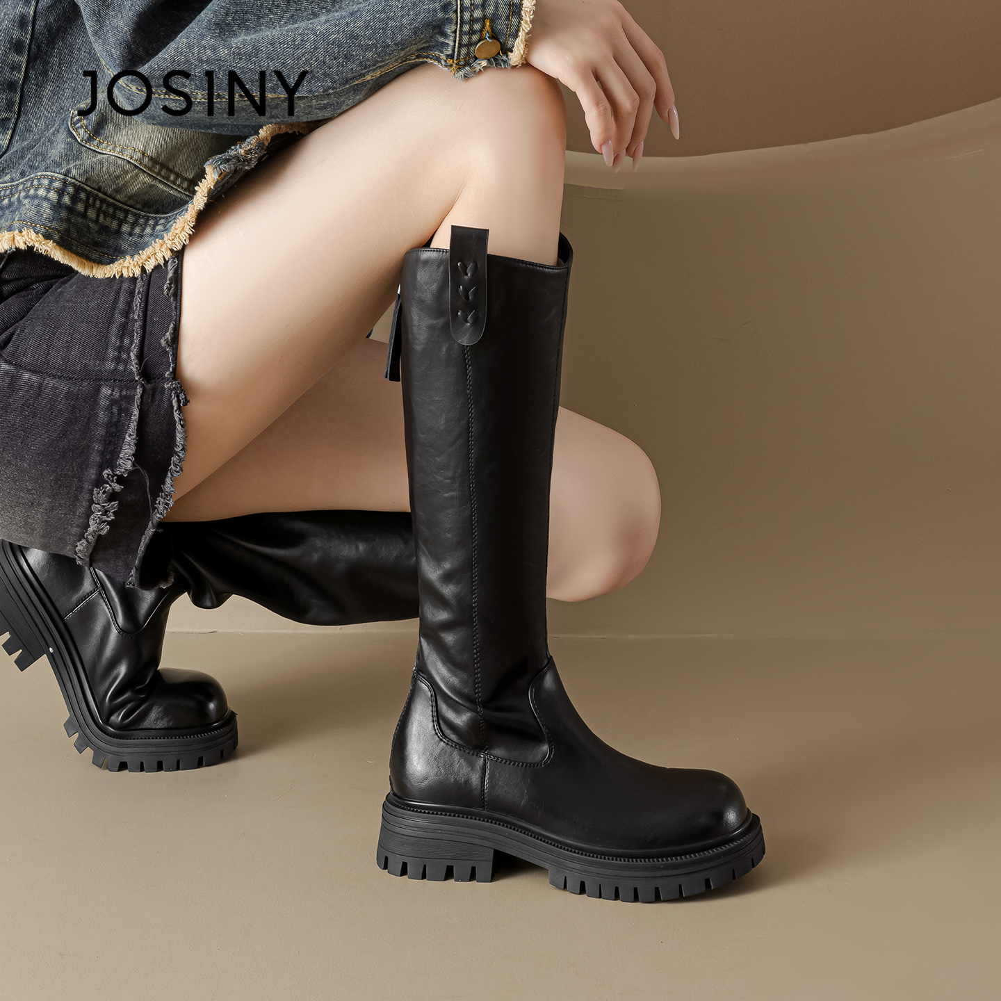 卓诗尼骑士靴女2025新款秋复古显瘦黑色长筒靴废土风时尚百搭女鞋