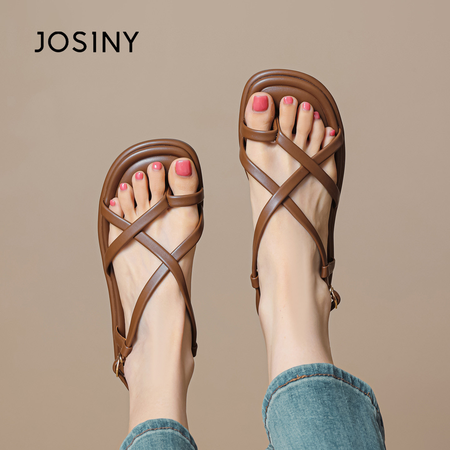 卓诗尼凉鞋交叉绑带平底沙滩女鞋2025新款套趾罗马凉鞋女夏季外穿