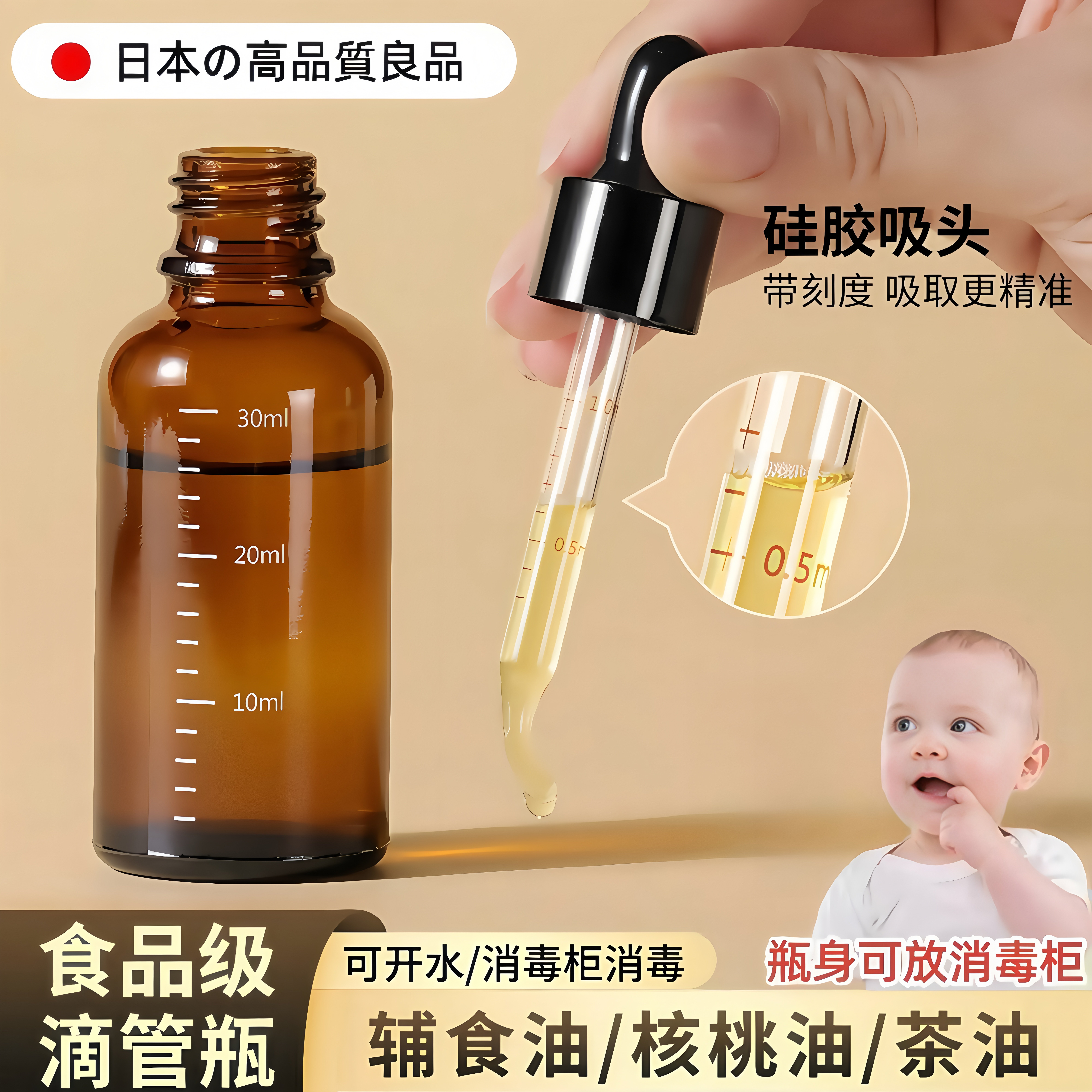 婴儿专用核桃油副食品油瓶滴管分装瓶食品级玻璃带刻度茶油精油精图片