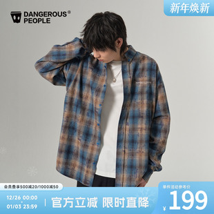 复古百搭潮长袖 Dangerouspeople薛之谦dsp艺术感做旧格子衬衫 秋季