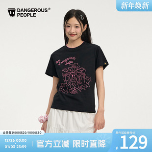 Dangerouspeople薛之谦dsp双领口撞色刺绣T恤潮牌修身 上衣女 短袖