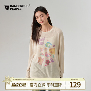 女 Dangerouspeople薛之谦dsp童趣印花薄T恤落肩宽松百搭圆领长袖