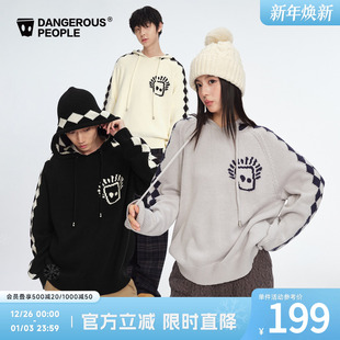Dangerouspeople薛之谦dsp菱形格撞色连帽针织衫 落肩慵懒保暖毛衣