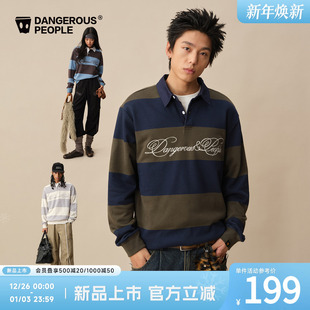 Dangerouspeople薛之谦dsp花体logo撞色条纹polo衫 潮牌百搭长袖