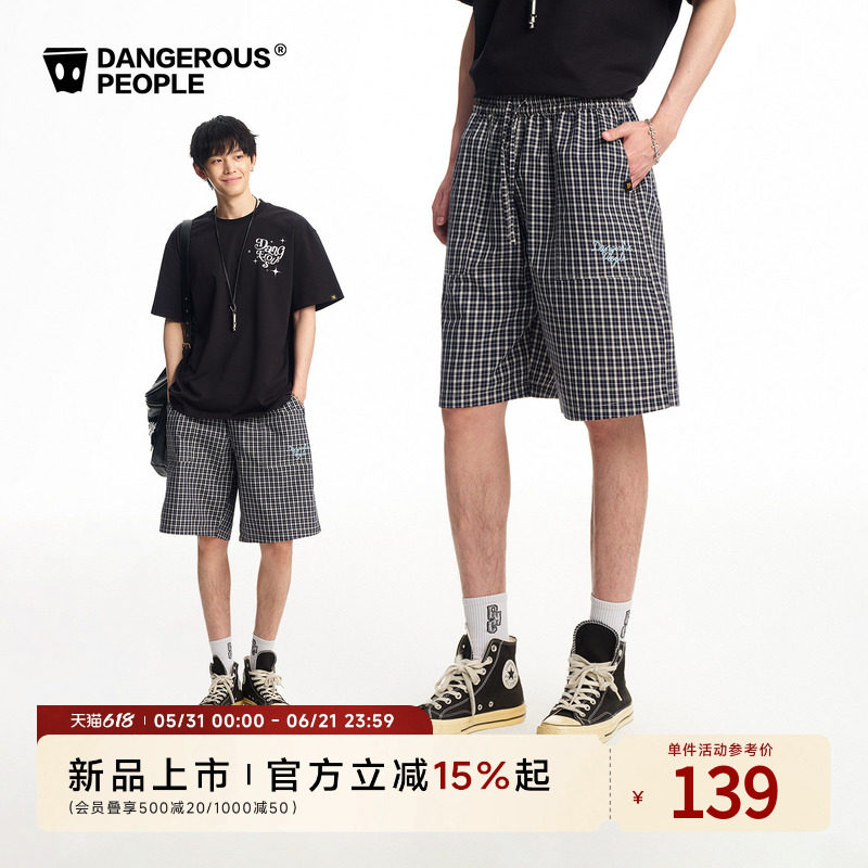 Dangerouspeople薛之谦dsp夏季格子沙滩短裤复古格纹绣花休闲裤