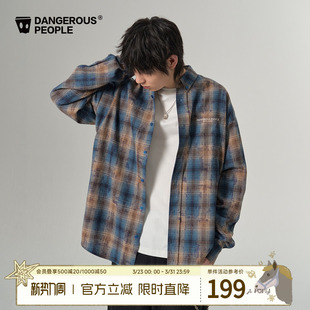 复古百搭潮长袖 Dangerouspeople薛之谦dsp艺术感做旧格子衬衫 秋季