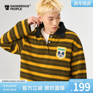 Dangerouspeople薛之谦dsp刺绣徽章条纹Polo衫 T恤 宽松百搭潮长袖