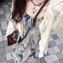 云南旅游穿搭扎染水墨画连衣裙微胖度假风大理丽江洱海拍照吊带裙