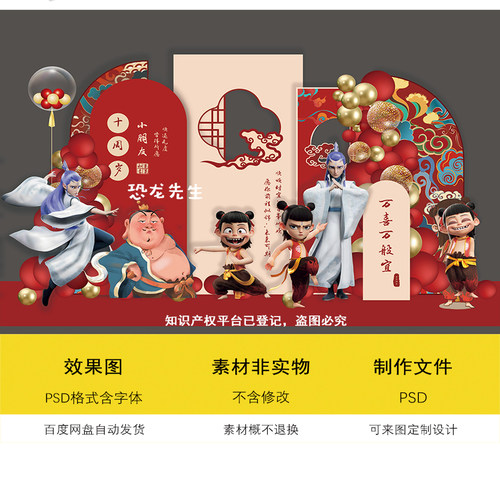 红色哪吒之魔童闹海主题宝宝宴生日十周岁生日派对背景设计素材ps