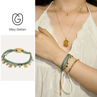 Mary Gaitani 手工锤痕Smarties系列绿松黄铁矿金币手链小众叠戴