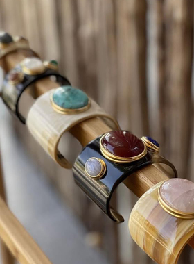 HELENE PRIME 法国天然石宽面开口牛角手镯小众设计手工轻奢腕饰