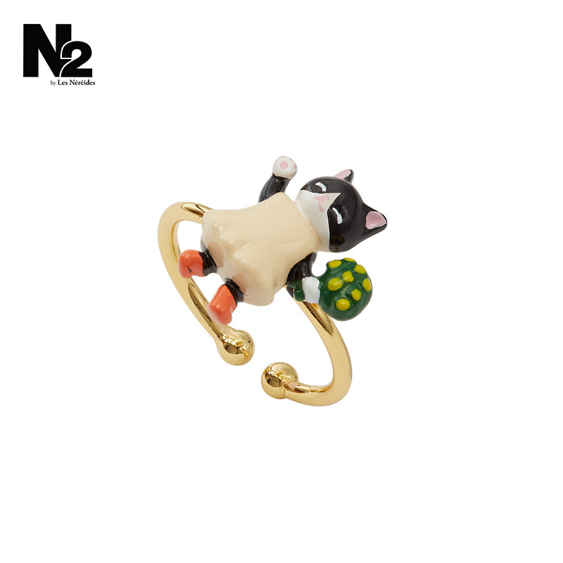 N2 by Les Nereides快乐野餐系列 黑色小猫 可调节戒指 小猫系列