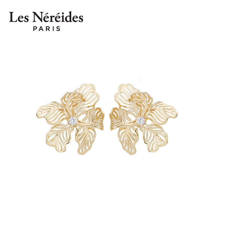 Les Nereides鸢尾花系列 金色镂空 耳夹耳钉 个性创意新潮气质女