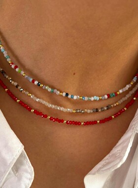 英国topwhit钛钢项链女高级感波西米亚风米珠串珠短款撞色米珠