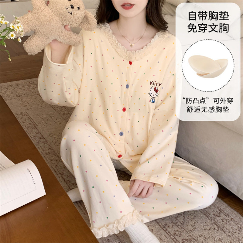法国Gentle Motto少女和服胸垫睡衣秋碎花甜美长袖长裤针织棉开衫