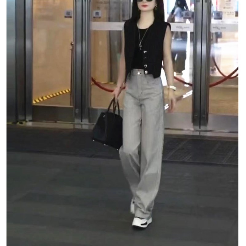 日系george melis夏季新款黑色无袖上衣高腰条纹裤显瘦女