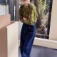 高腰牛仔裤 日系george 衬衫 翻领撞色花朵长袖 女 melis秋冬新款
