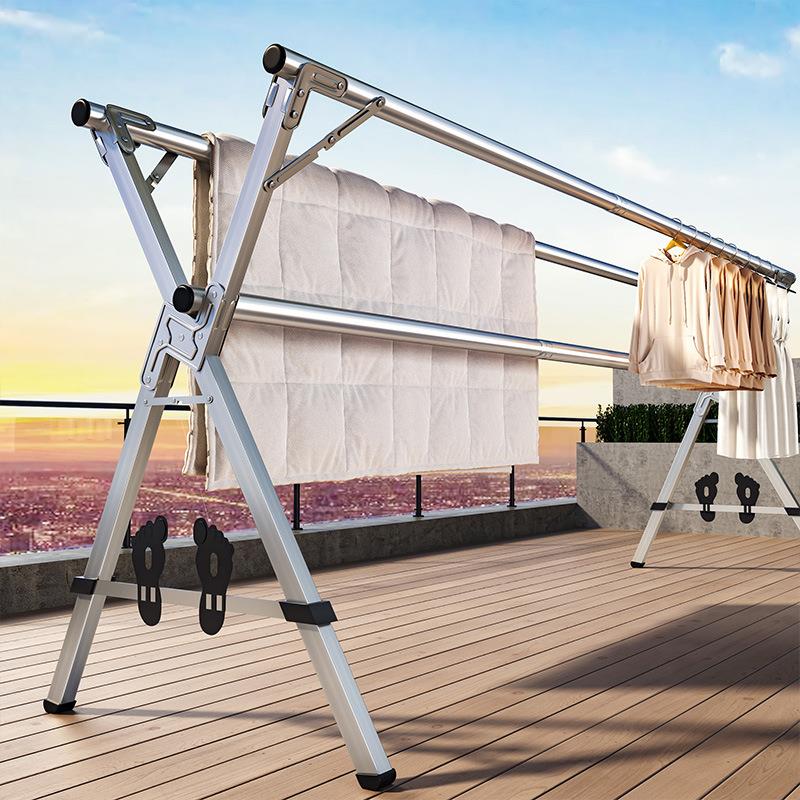 不锈钢晾衣架落地折叠室内外双杆式挂被子架伸缩阳台移动凉晒衣架