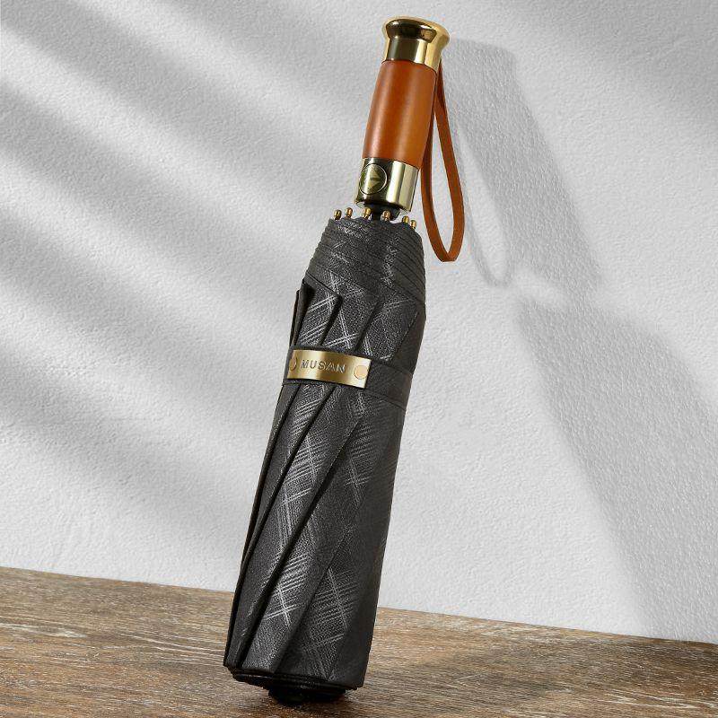 三折复古实木手柄男士商务伞晴雨两用加大加厚抗风暴雨折叠广告伞