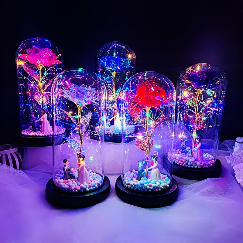 生日礼物送女友炫彩玫瑰花玻璃灯罩发光摆件求婚道具情人节送老婆