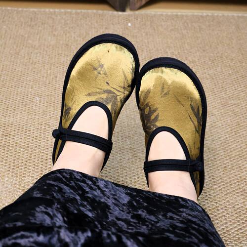 桑蚕丝缎面女鞋搭汉服墨竹盘扣单鞋千层底手工布鞋传统民族风鞋女