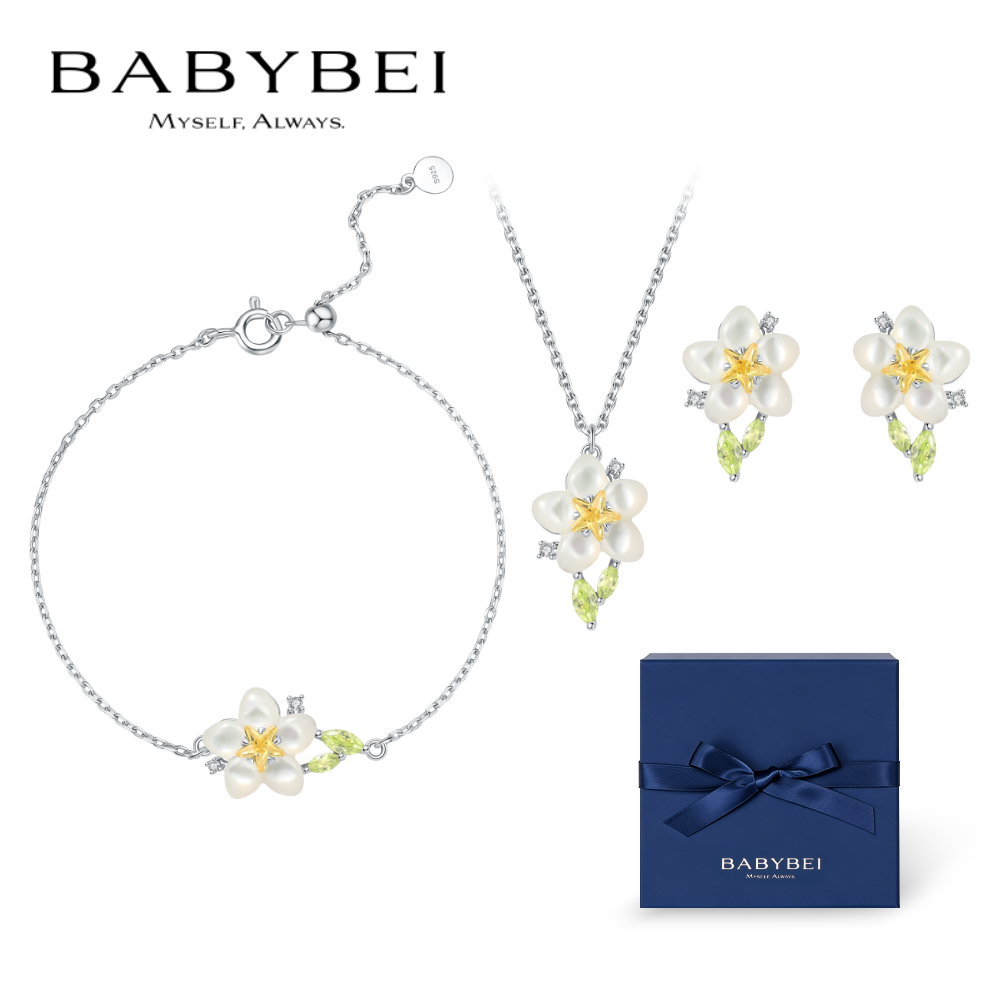 BABYBEI初贝梨花套装项链手链耳钉925银母贝气质甜美清新少女小众